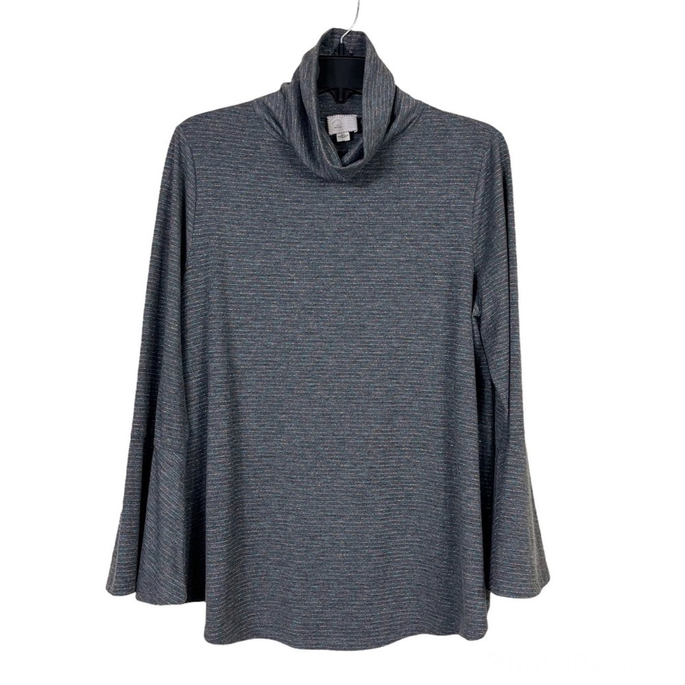 Anthropologie Postmark Grey Striped Liz Bell Sleeve Turtleneck Top M